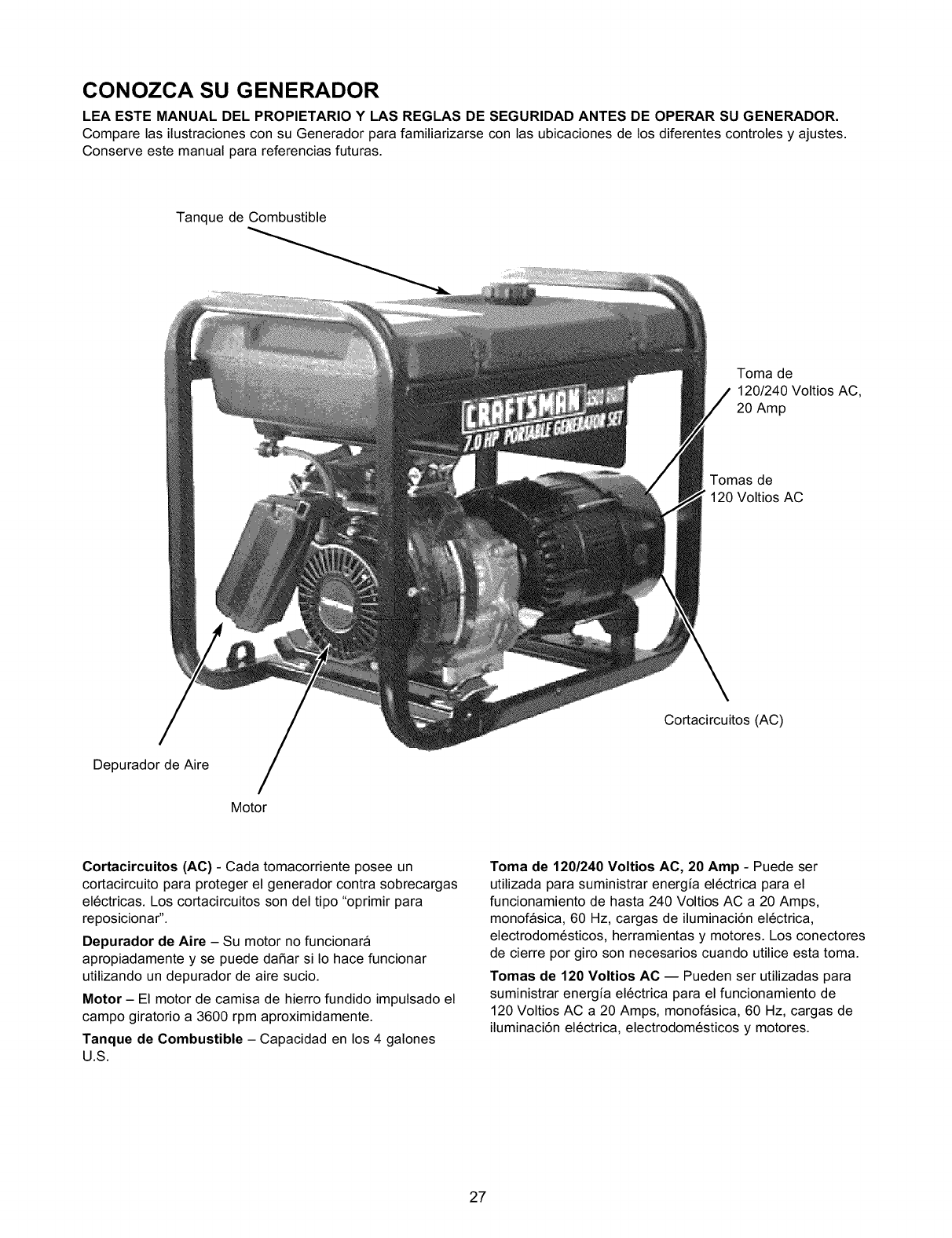 Craftsman 580327130 User Manual 3500 WATT A C GENERATOR Manuals And