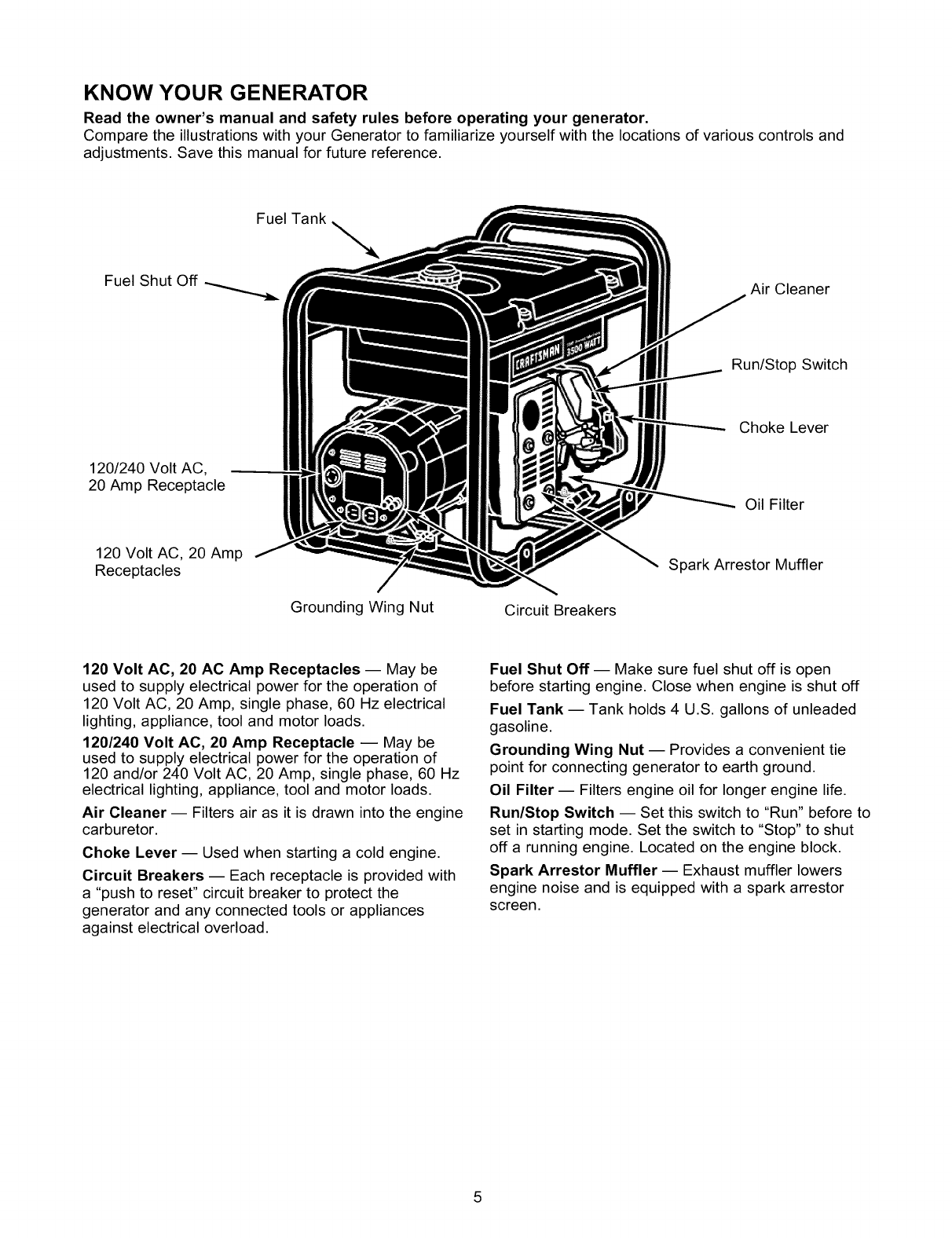 Craftsman 580327130 User Manual 3500 WATT A C GENERATOR Manuals And