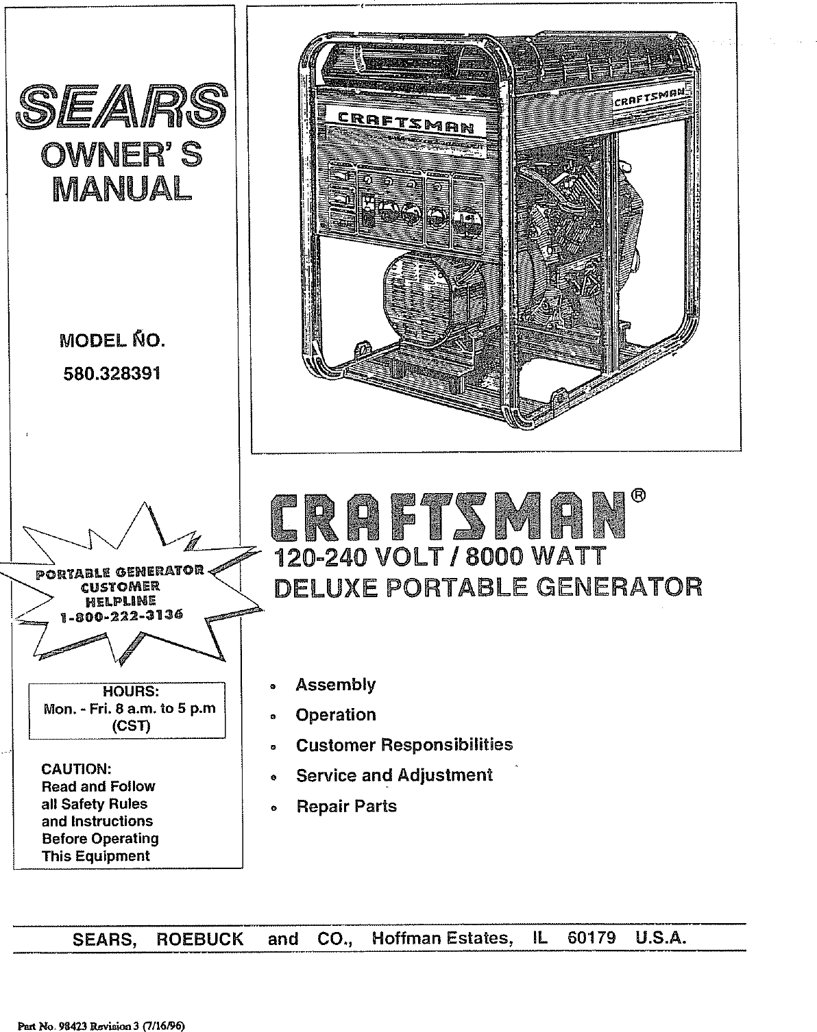 Craftsman 580328391 User Manual GENERATOR Manuals And Guides L0806841