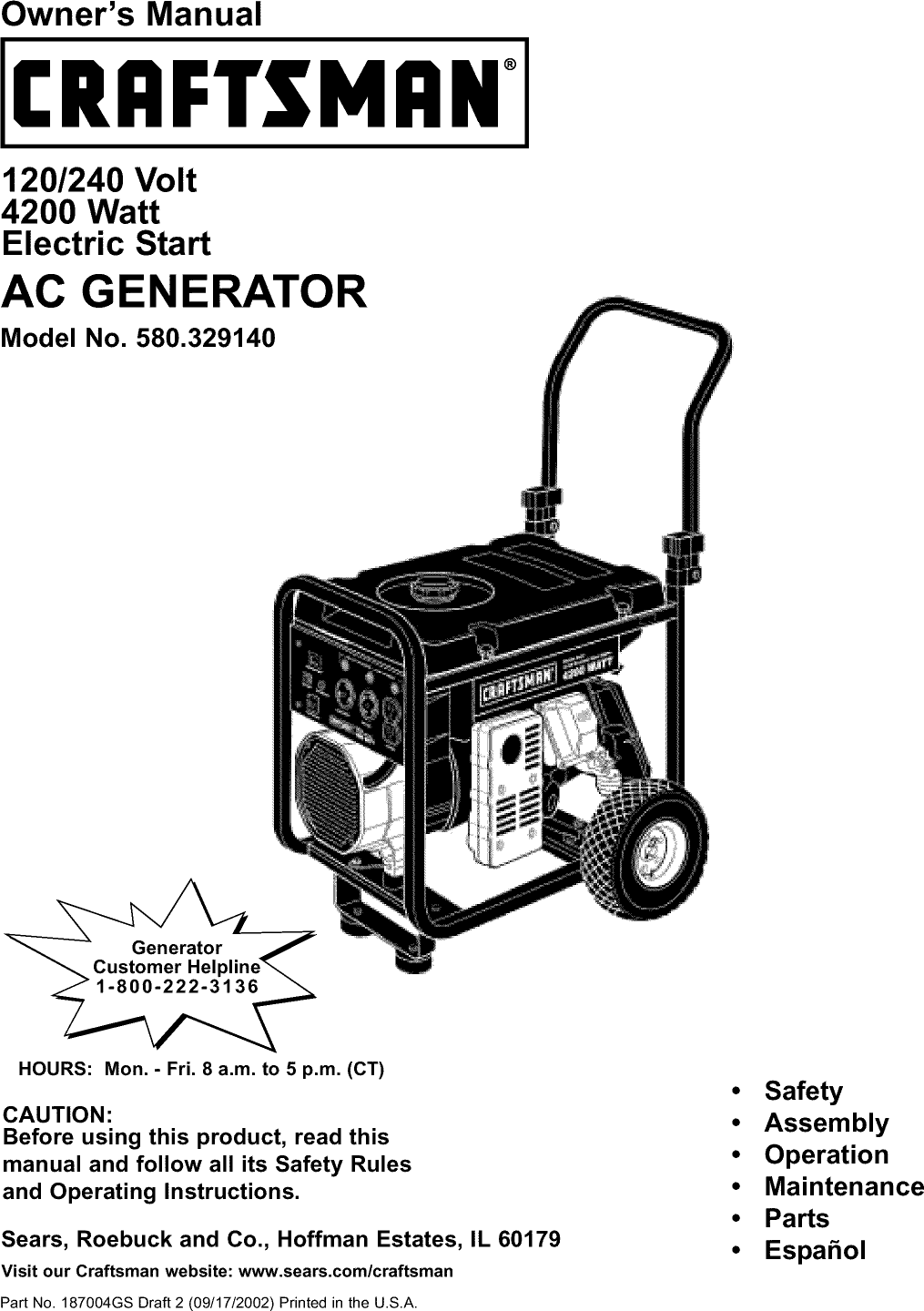 Craftsman 5600 Watt Generator Operator Manual