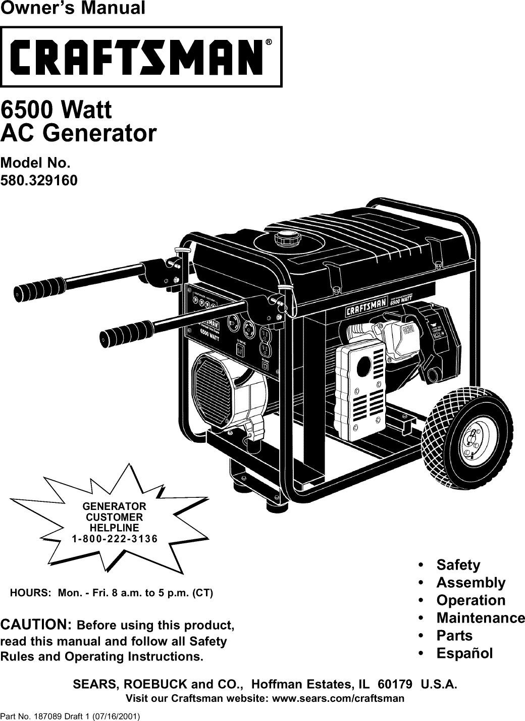 Craftsman 580329160 User Manual GENERATOR Manuals And Guides L0209046