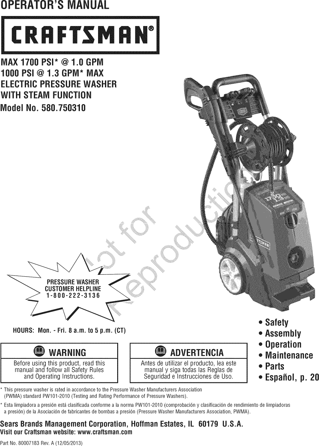 Craftsman 580750310 1403433L User Manual ELECTRIC PRESSURE WASHER ...