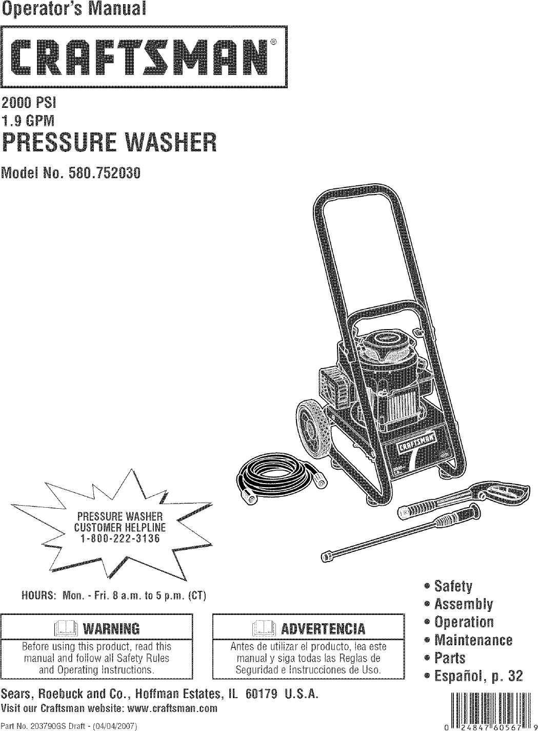 Craftsman 580752030 User Manual PRESSURE WASHER Manuals And Guides L0704362