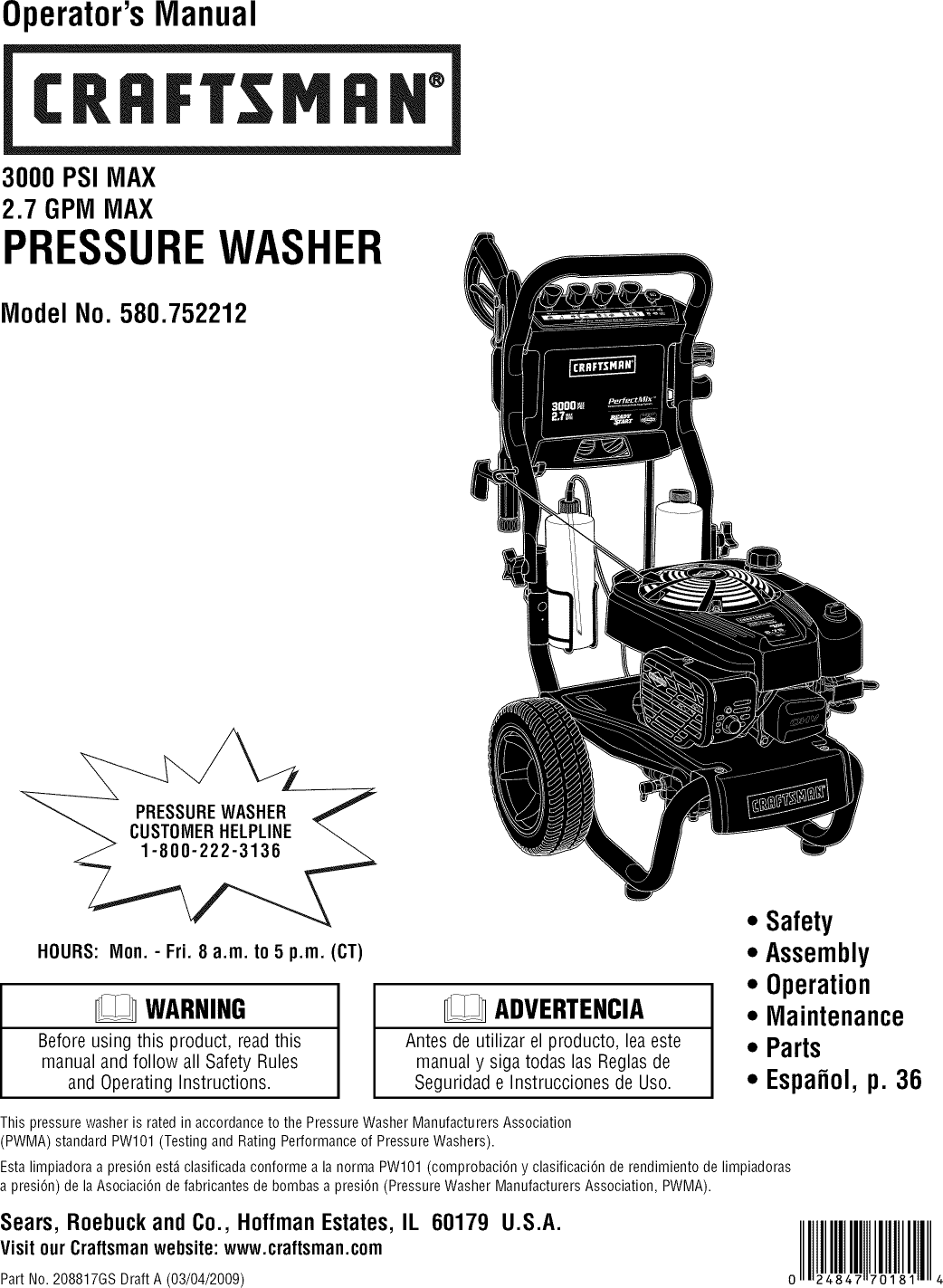 Craftsman 580752212 User Manual PRESSURE WASHER Manuals And Guides L0903432