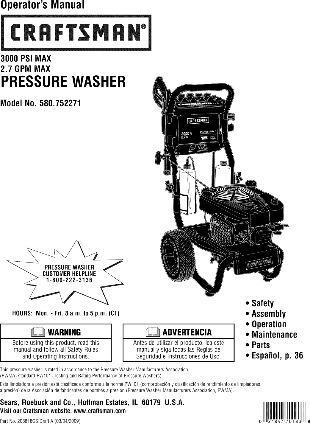 Craftsman 580752271 User Manual PRESSURE WASHER Manuals And Guides L0903433