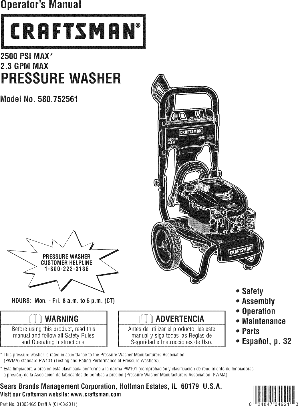 Craftsman 580752561 1102380L User Manual PRESSURE WASHER Manuals And Guides