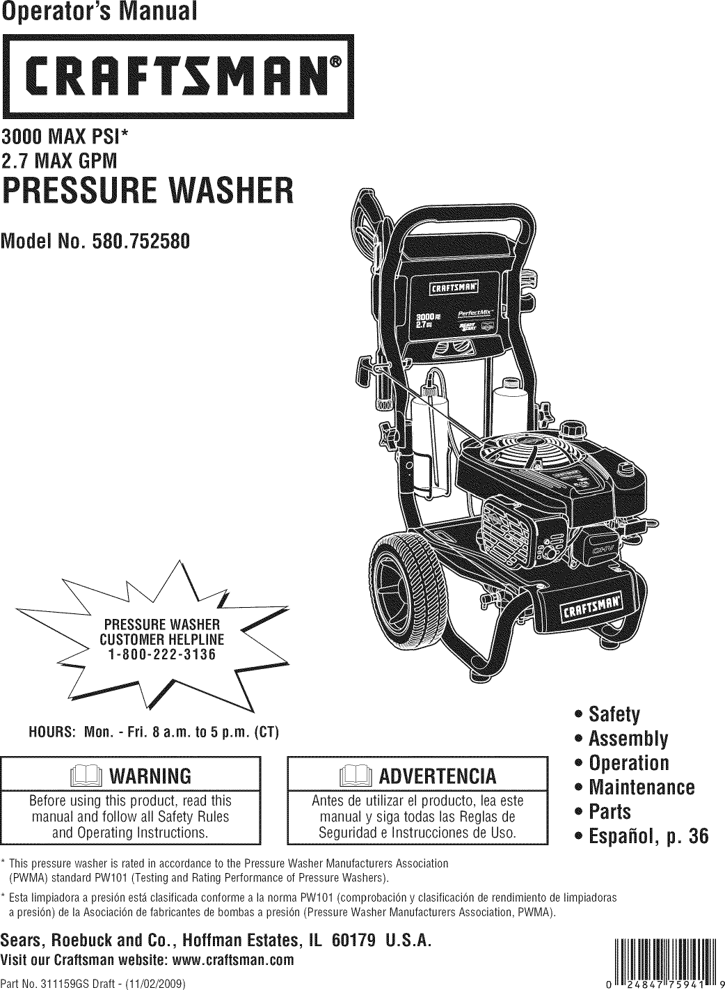 Craftsman 580752580 User Manual PRESSURE WASHER Manuals And Guides L0912352