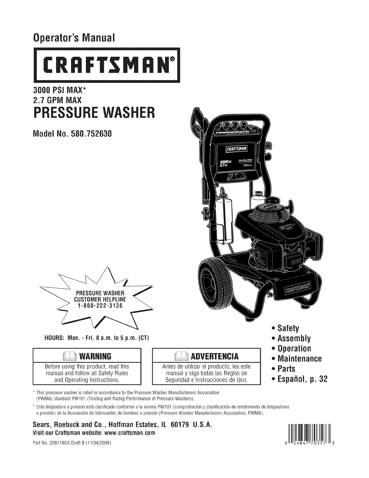 Craftsman 580752630 User Manual PRESSURE WASHER Manuals And Guides L0912346