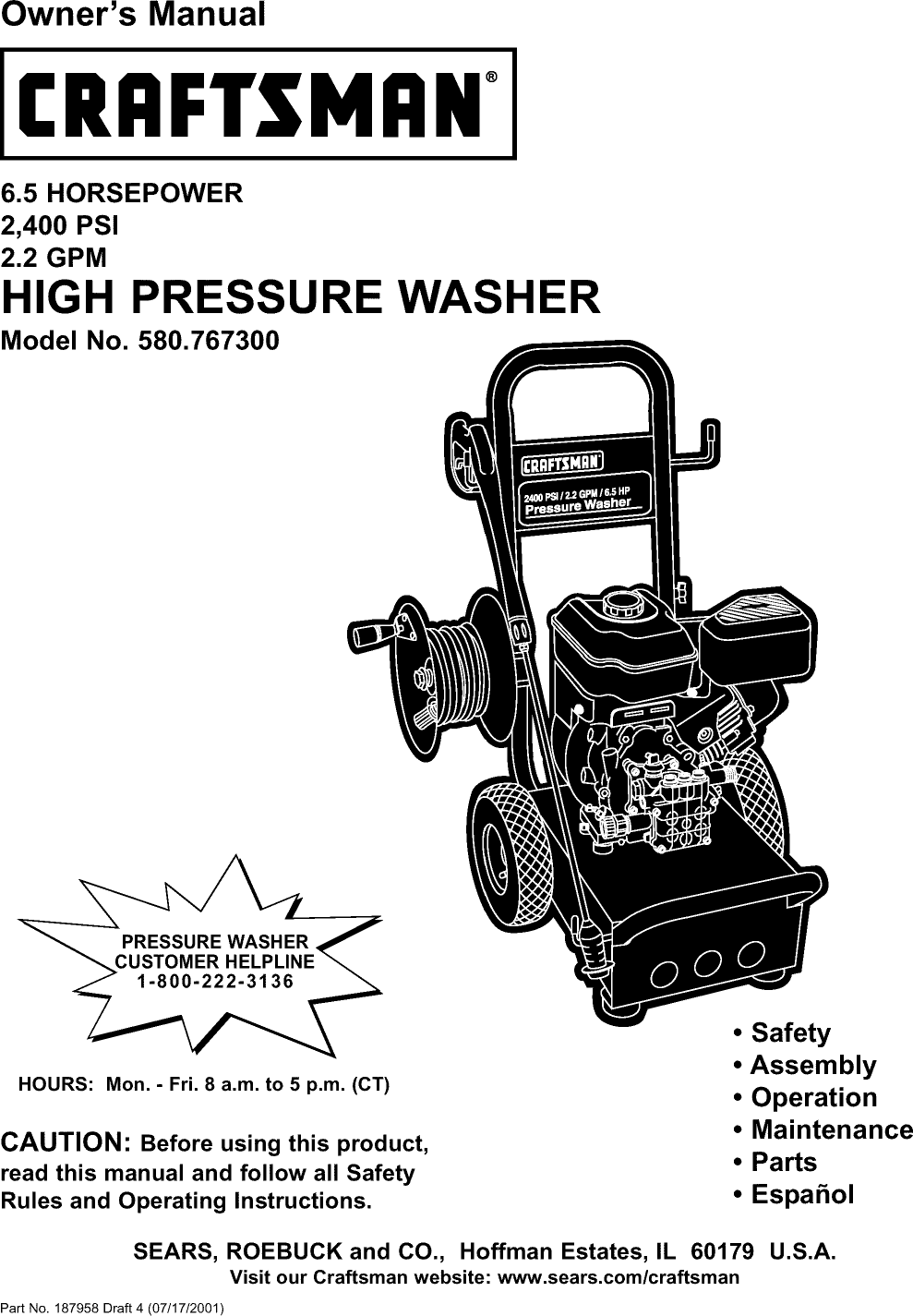 Craftsman 580767300 User Manual PRESSURE WASHER Manuals And Guides L0209063