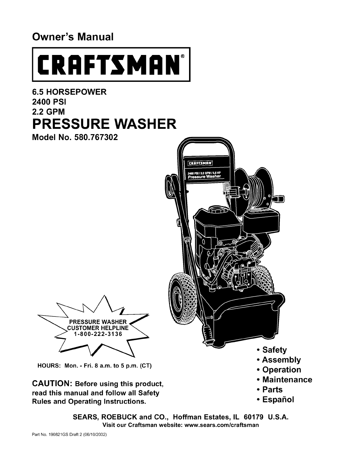 Craftsman 580767302 User Manual PRESSURE WASHER Manuals And Guides L0209069