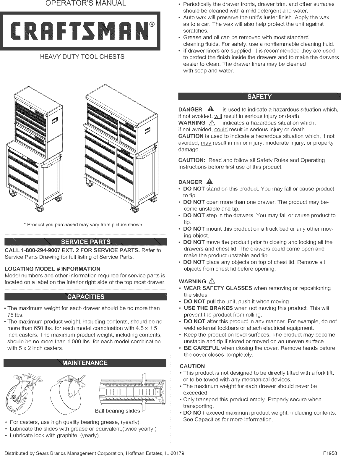 Page 1 of 8 - Craftsman 706024000 User Manual  TOOL CHEST - Manuals And Guides 1309057L