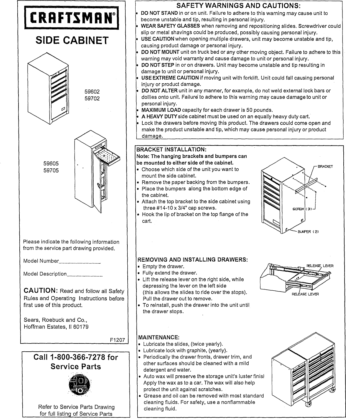 Page 1 of 2 - Craftsman 706116180 1304218L User Manual  SIDE CABINET - Manuals And Guides