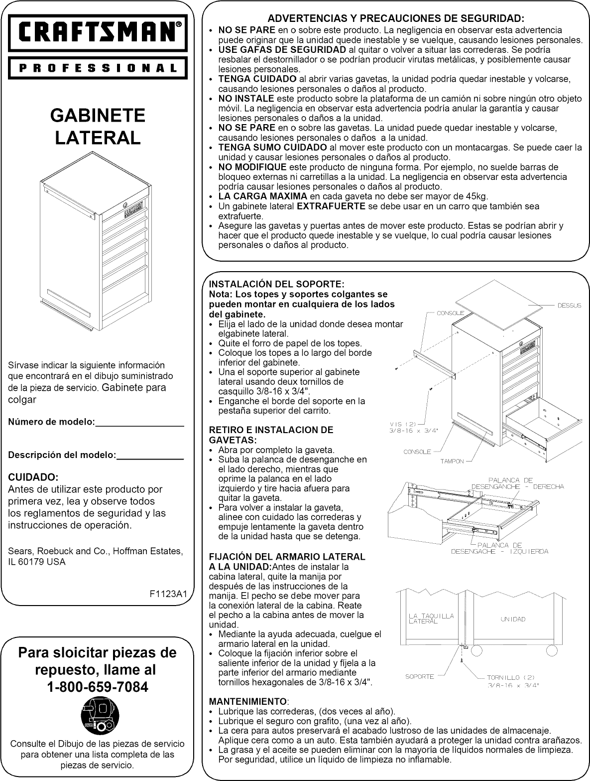 Page 2 of 2 - Craftsman 706182520 1306373L User Manual  7 DRAWER SIDE CABINET - Manuals And Guides