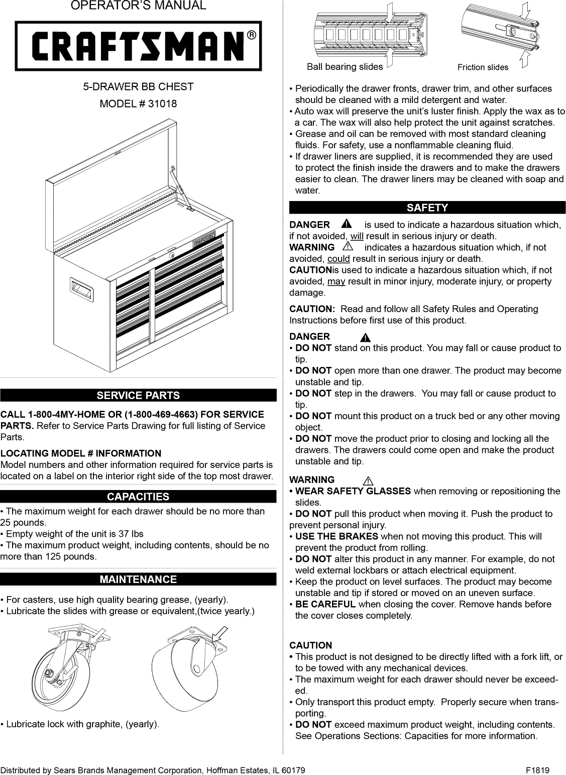 Page 1 of 8 - Craftsman 70631018 1206463L User Manual TOOL CHEST - Manuals And Guides