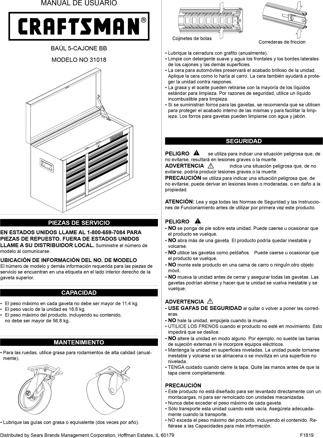 Page 5 of 8 - Craftsman 70631018 1206463L User Manual TOOL CHEST - Manuals And Guides