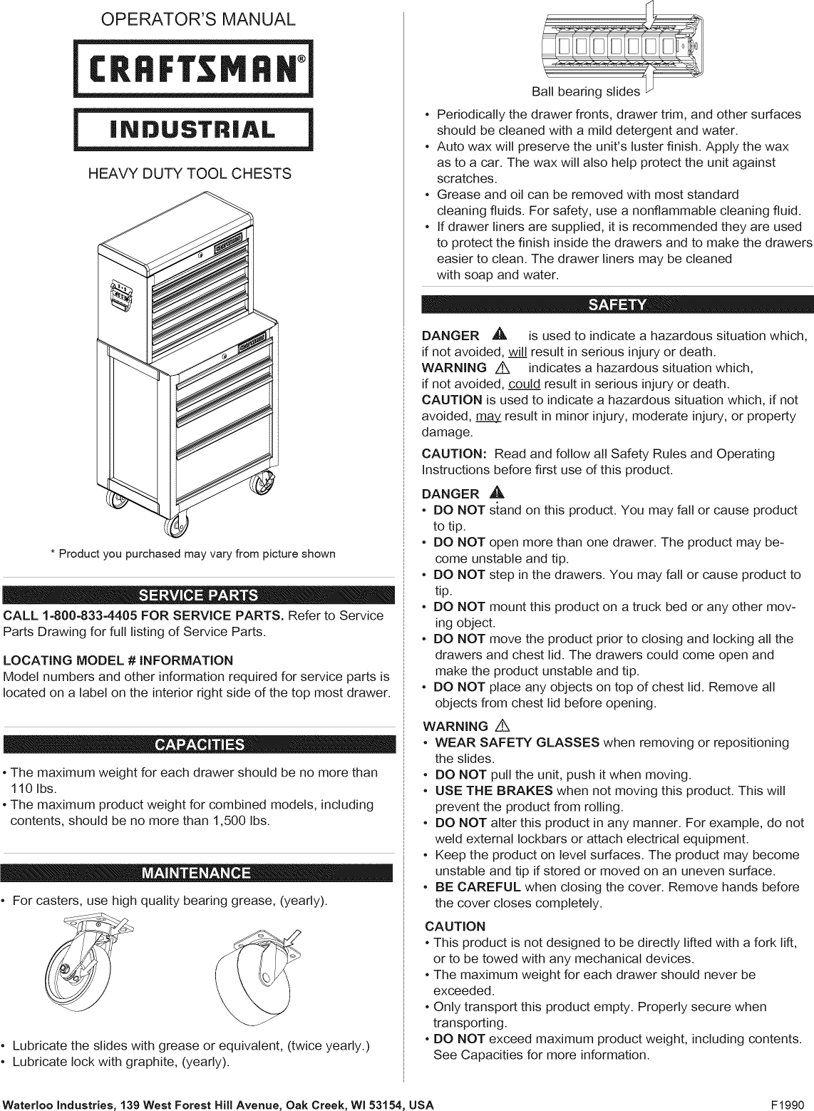 Page 1 of 8 - Craftsman 706452580 User Manual  TOOL CHEST - Manuals And Guides 1409282L