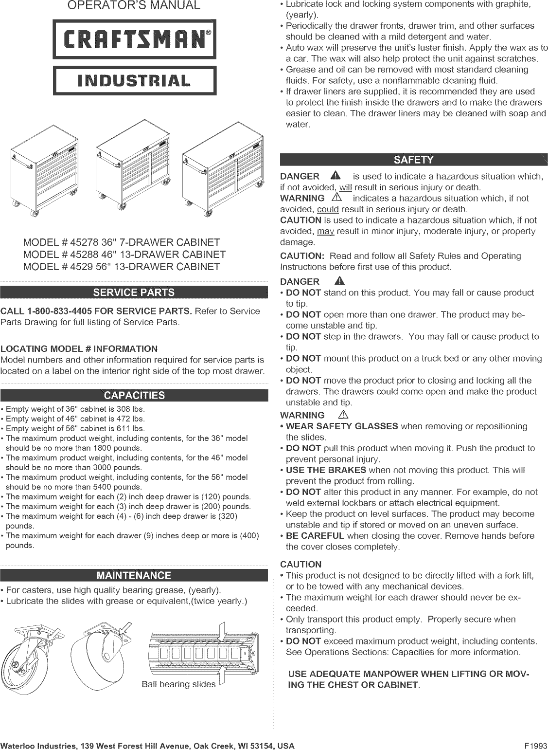 Craftsman 706452780 User Manual TOOL CHEST Manuals And Guides 1409387L