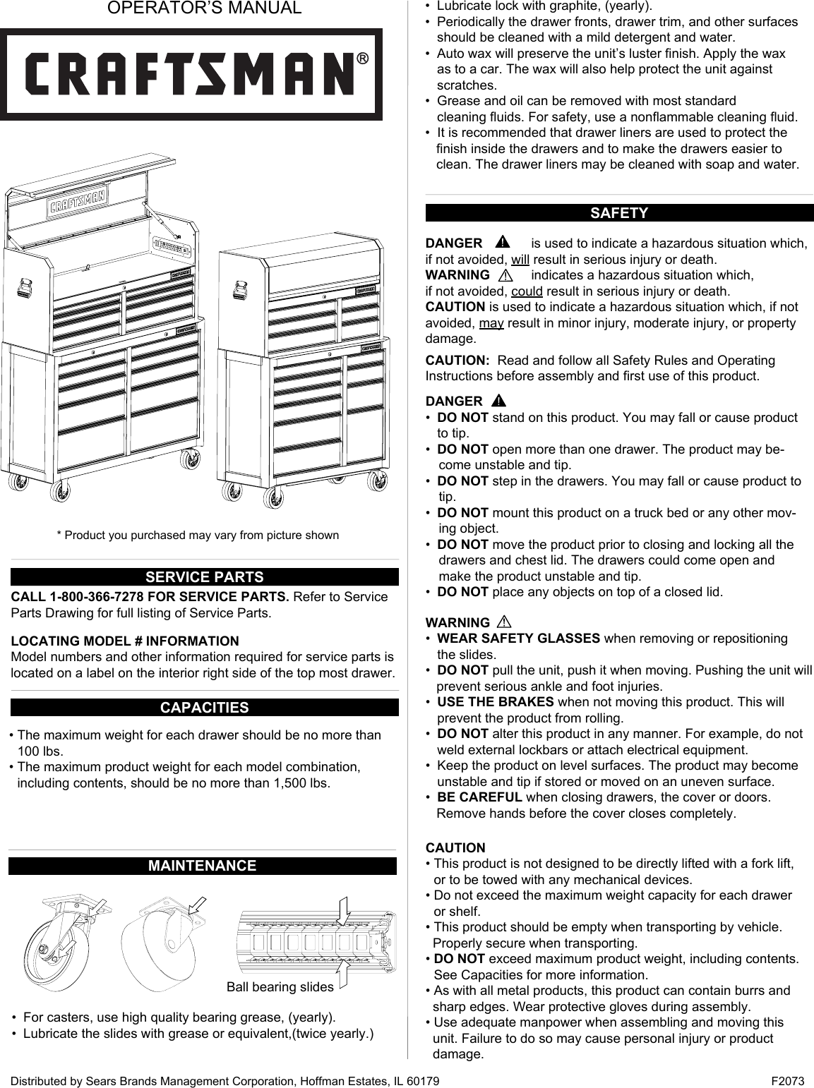 Page 1 of 8 - Craftsman 706586400 User Manual  TOOL CHEST - Manuals And Guides 1610106L