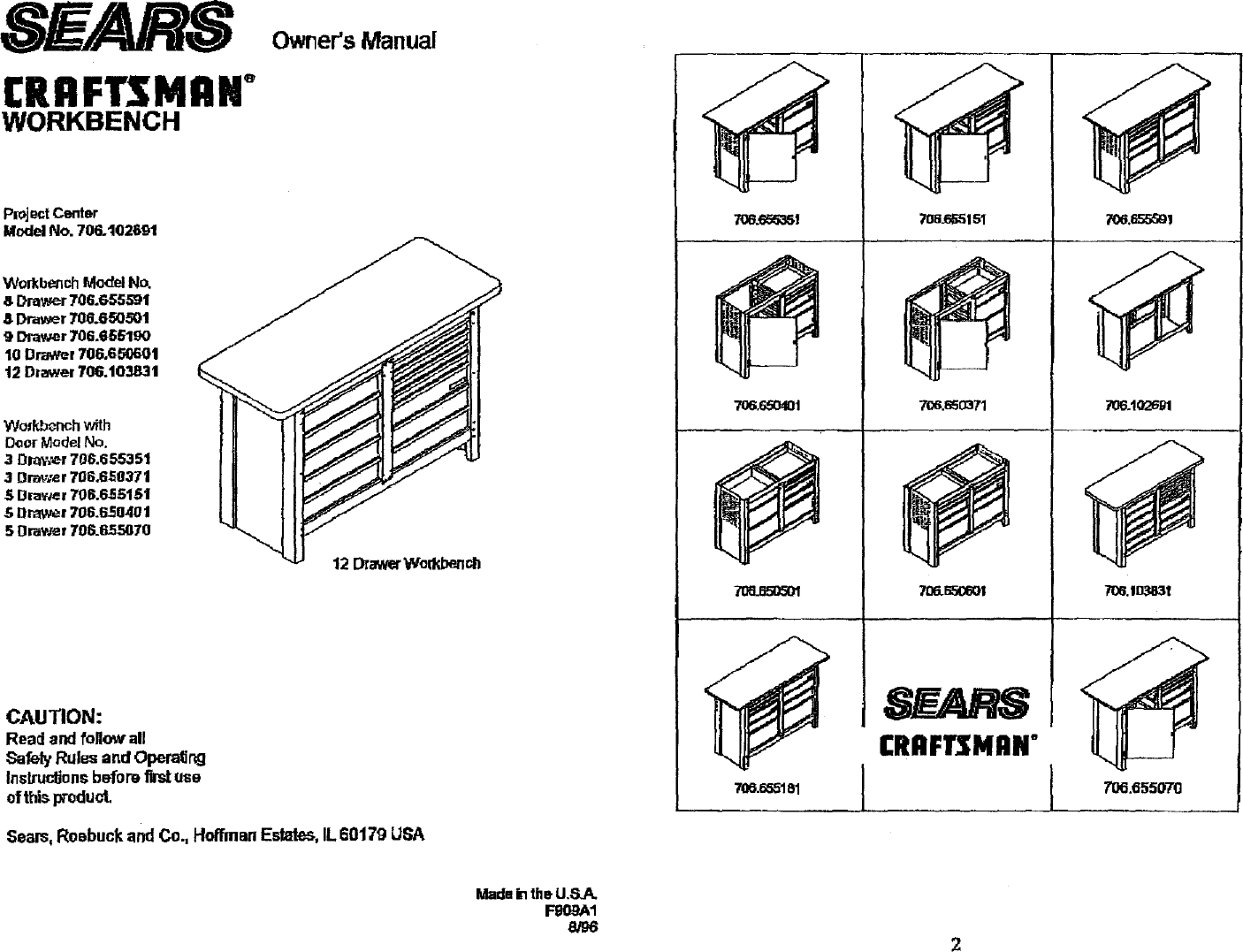 Page 1 of 2 - Craftsman 706598310 User Manual  4 DRAWER WORKBENCH - Manuals And Guides L0803287