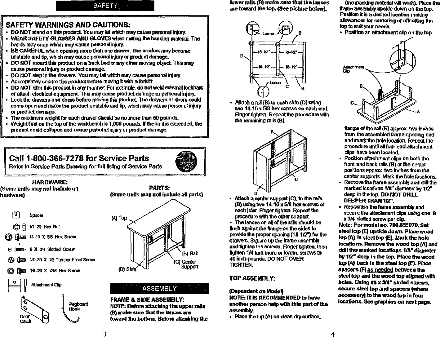 Page 2 of 2 - Craftsman 706598310 User Manual  4 DRAWER WORKBENCH - Manuals And Guides L0803287