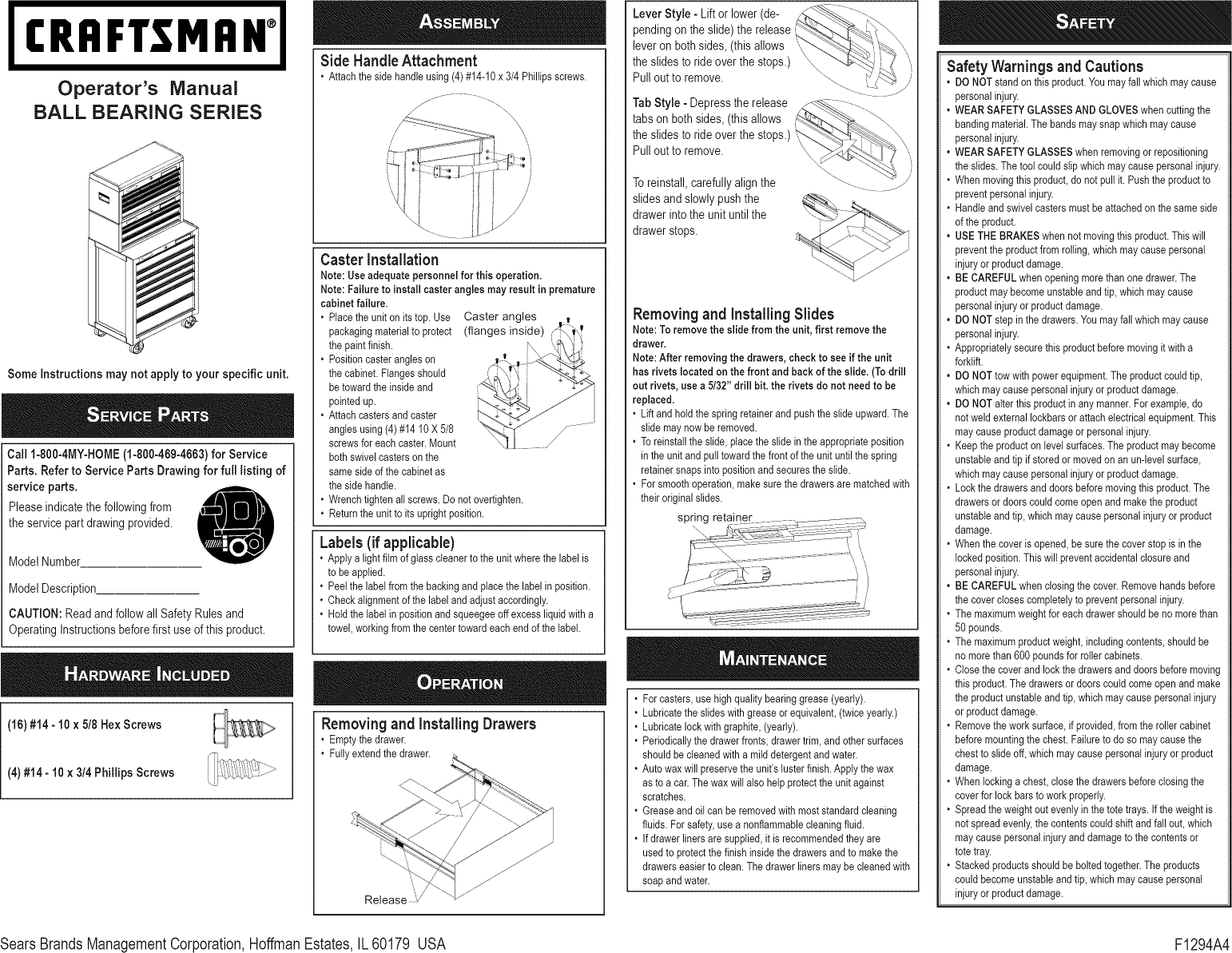 Page 1 of 2 - Craftsman 706620230 1206462L User Manual  TOOL CHEST - Manuals And Guides