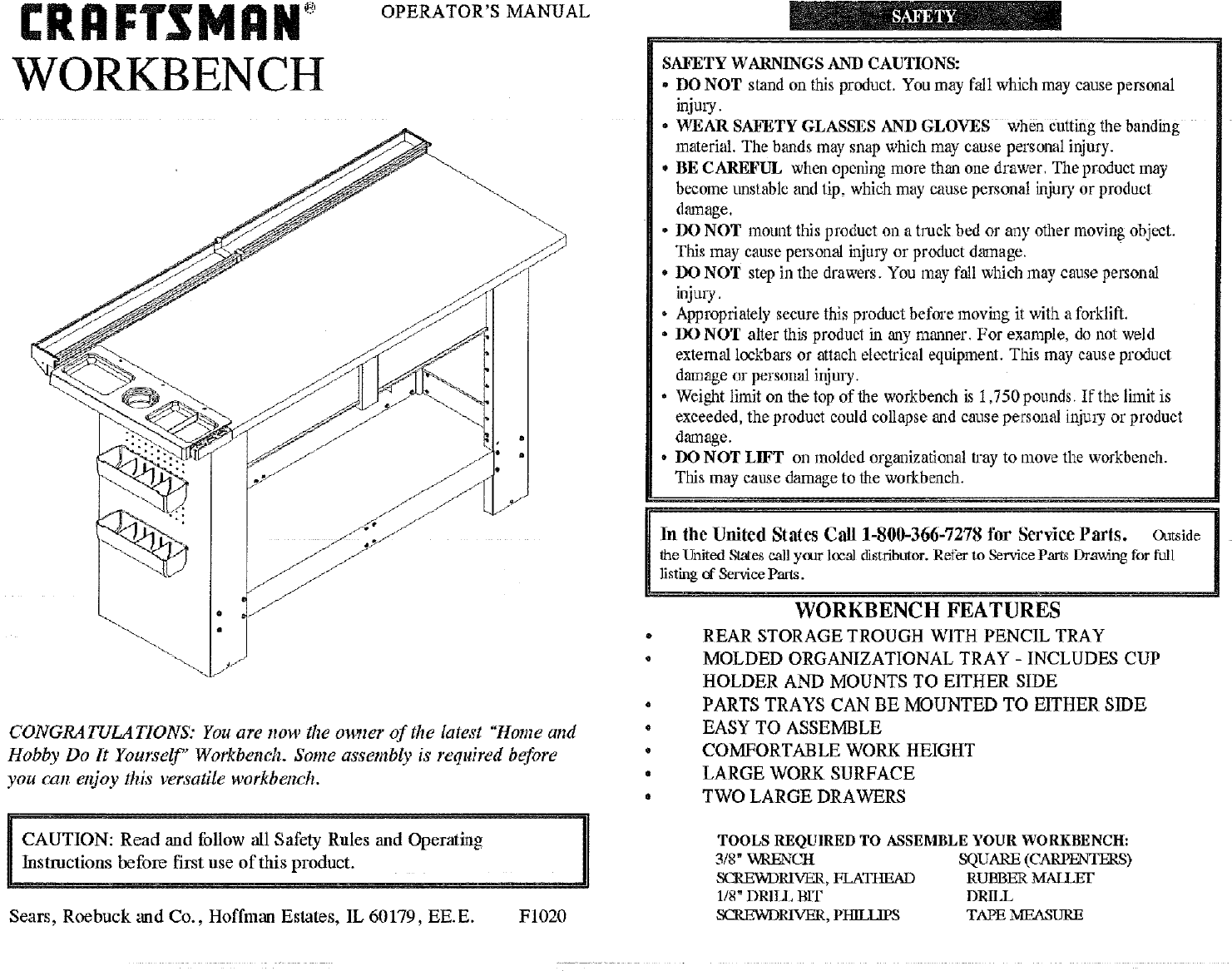 Page 1 of 8 - Craftsman 706655250 User Manual  2 DRAWER WORKBENCH - Manuals And Guides L0711359