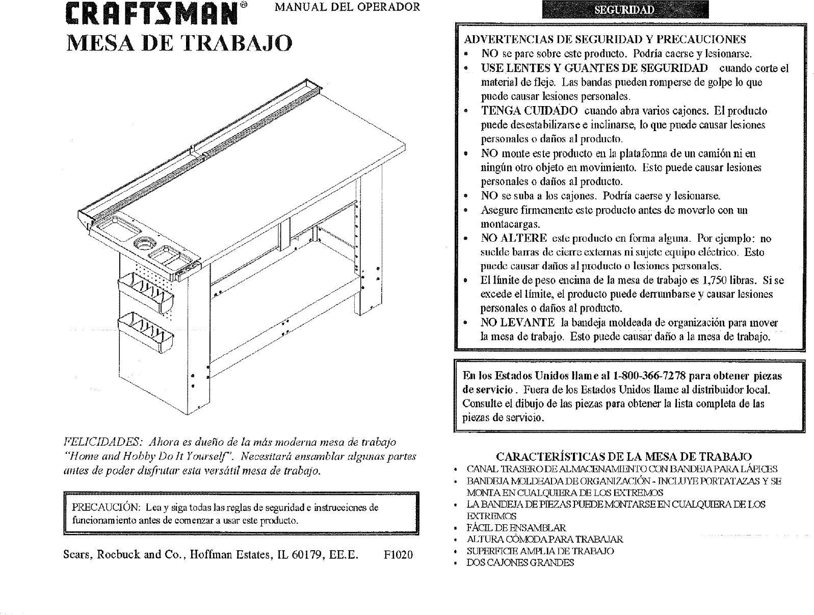 Page 5 of 8 - Craftsman 706655250 User Manual  2 DRAWER WORKBENCH - Manuals And Guides L0711359