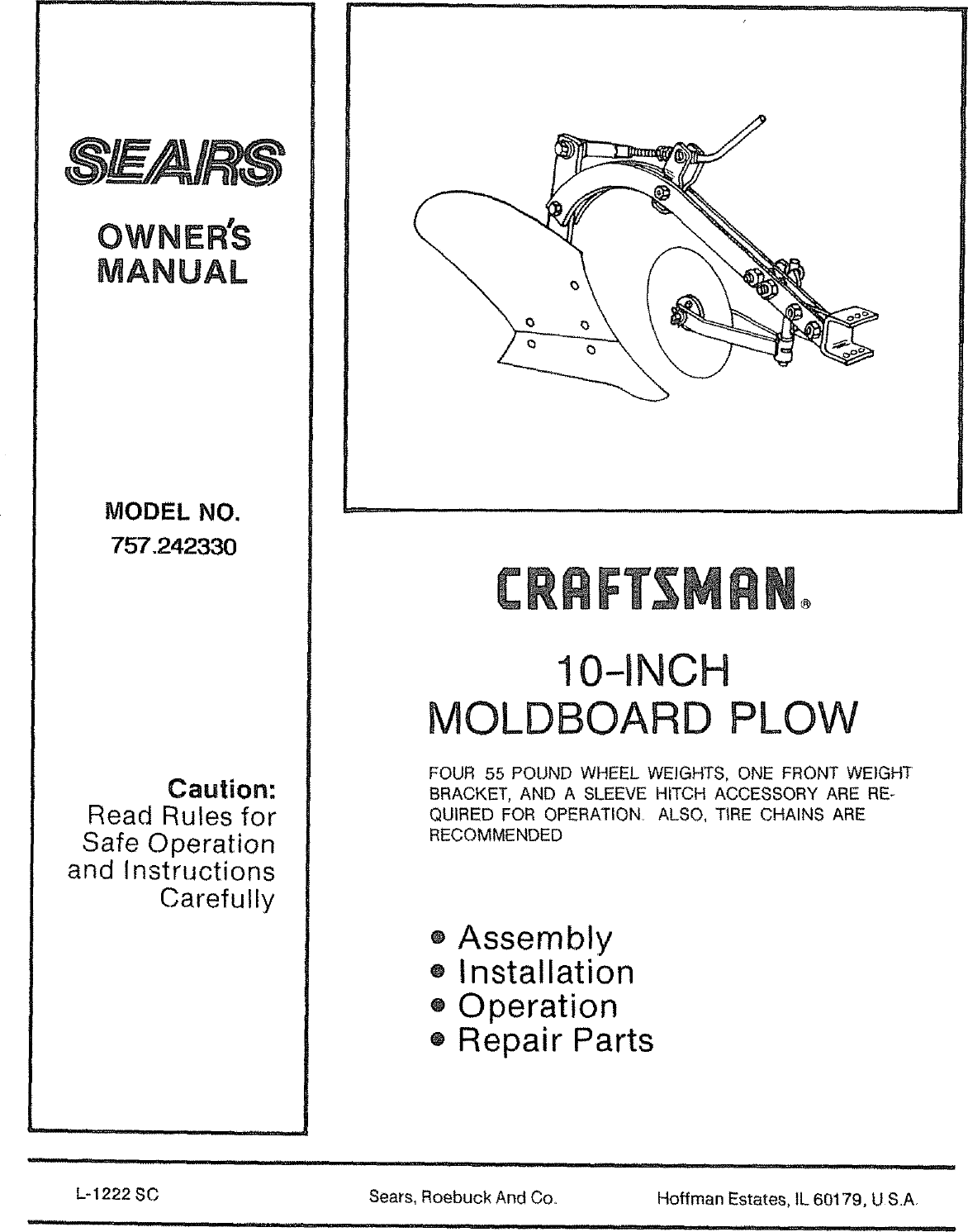 Page 1 of 11 - Craftsman 757242330 User Manual  MOLDBOARD PLOW - Manuals And Guides L0804480