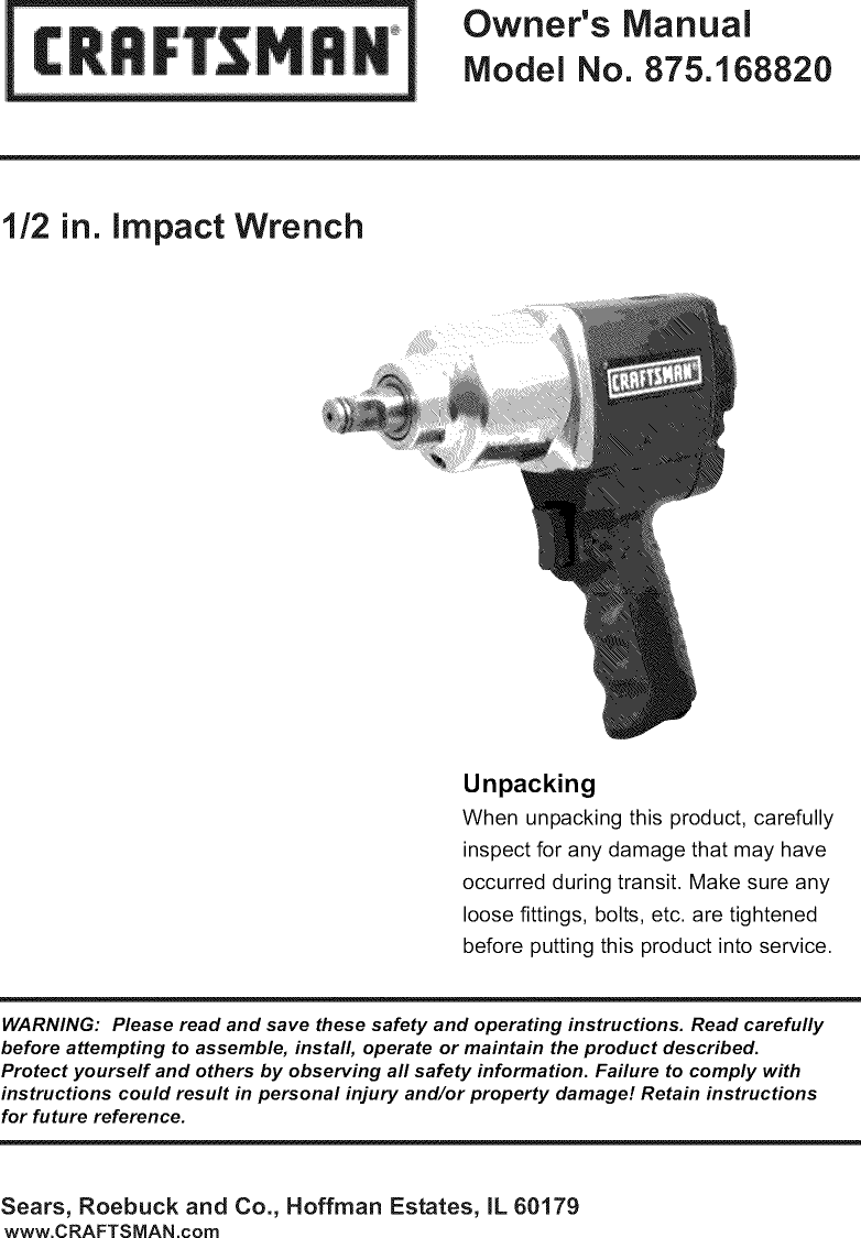 Craftsman 875168820 1207254L User Manual IMPACT TOOL Manuals And Guides