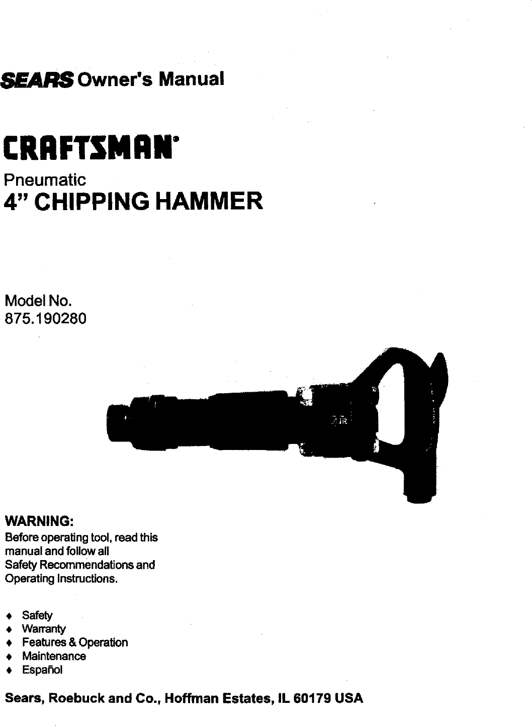 Craftsman 875190280 User Manual CHIPPING HAMMER Manuals And Guides L0801176