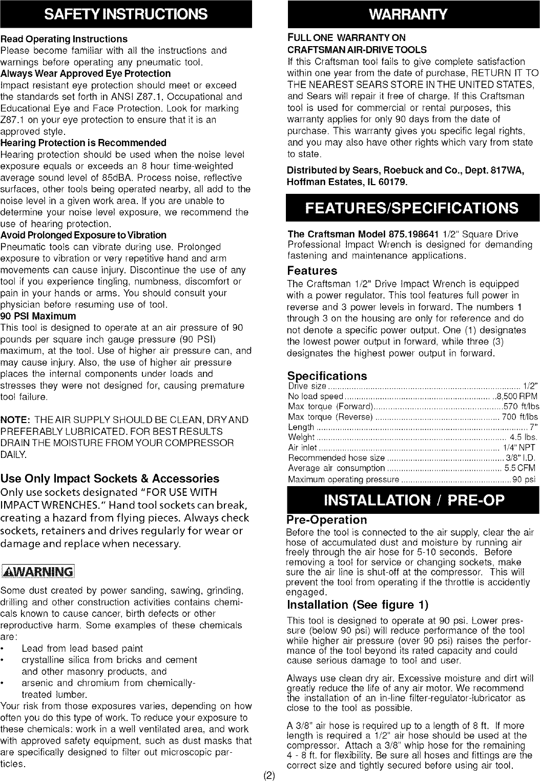 Page 2 of 12 - Craftsman 875198641 User Manual  IMPACT WRENCH - Manuals And Guides L0710608