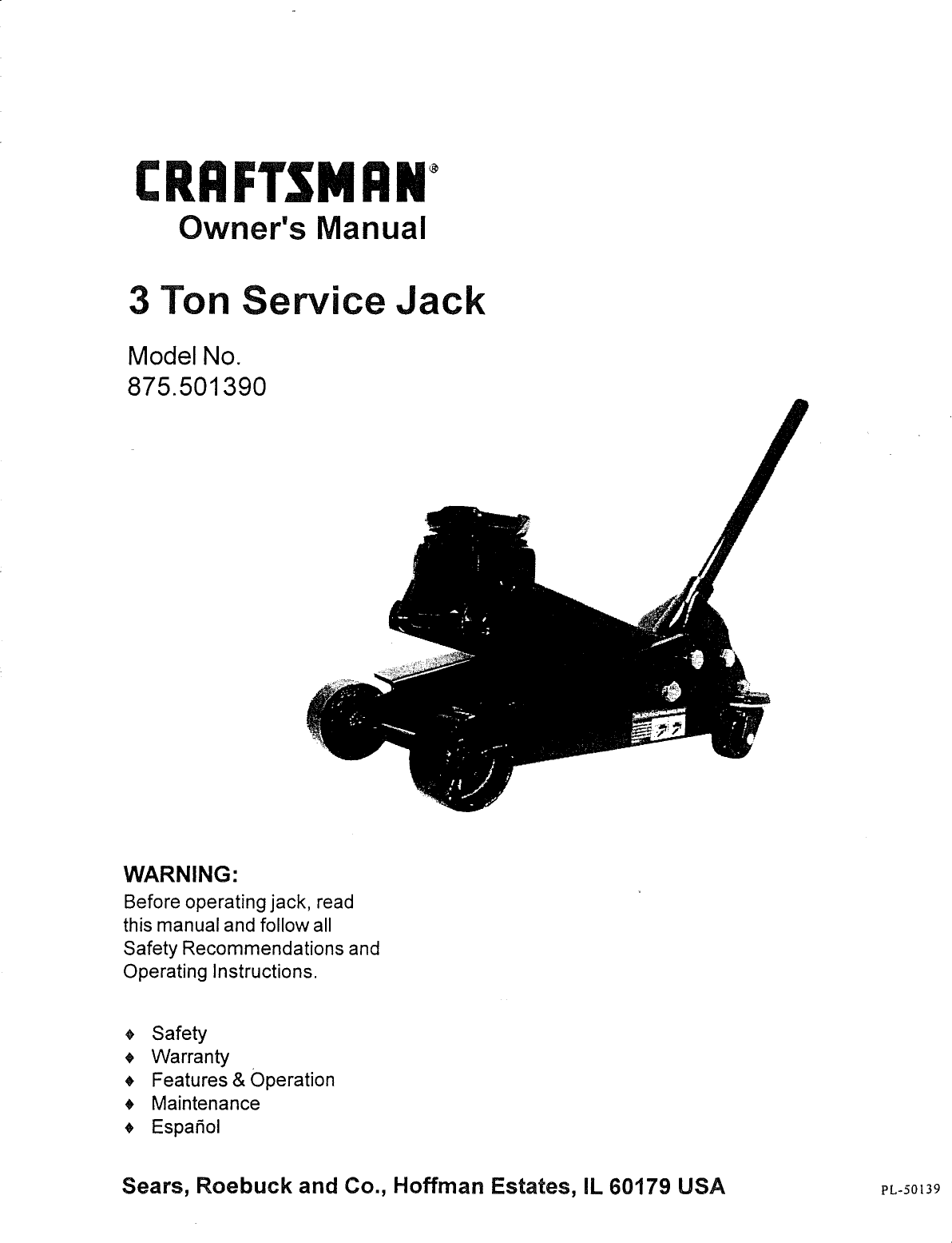 Page 1 of 5 - Craftsman 875501390 User Manual  FLOOR JACK - Manuals And Guides L0906496