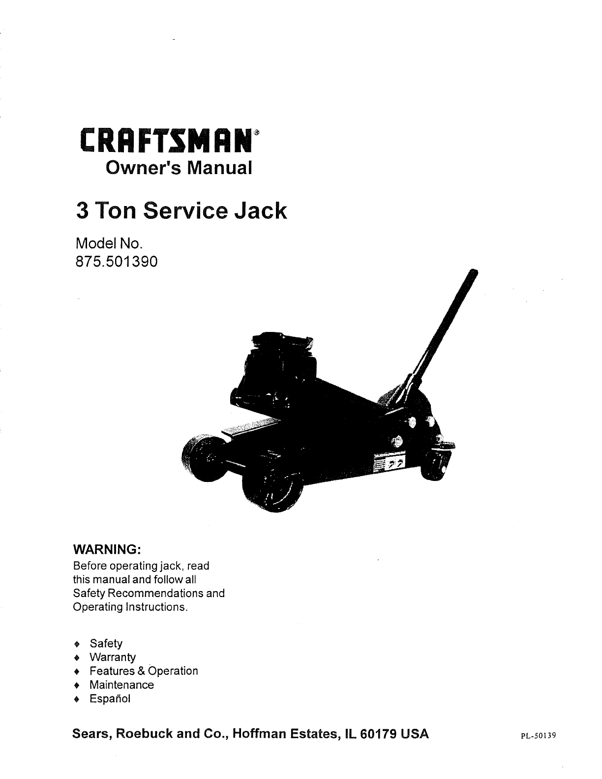 Craftsman 875501390 User Manual Floor Jack Manuals And Guides L0906496