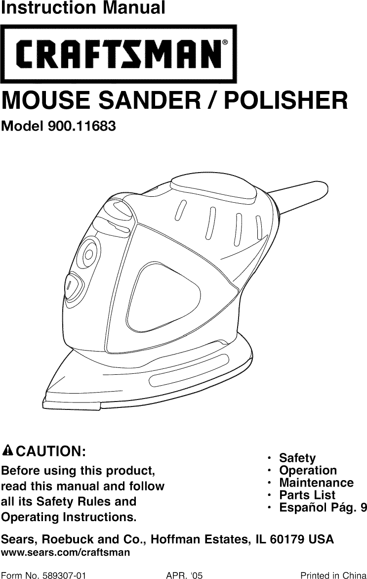 Craftsman 90011683 User Manual MOUSE SANDER/POLISHER Manuals And Guides