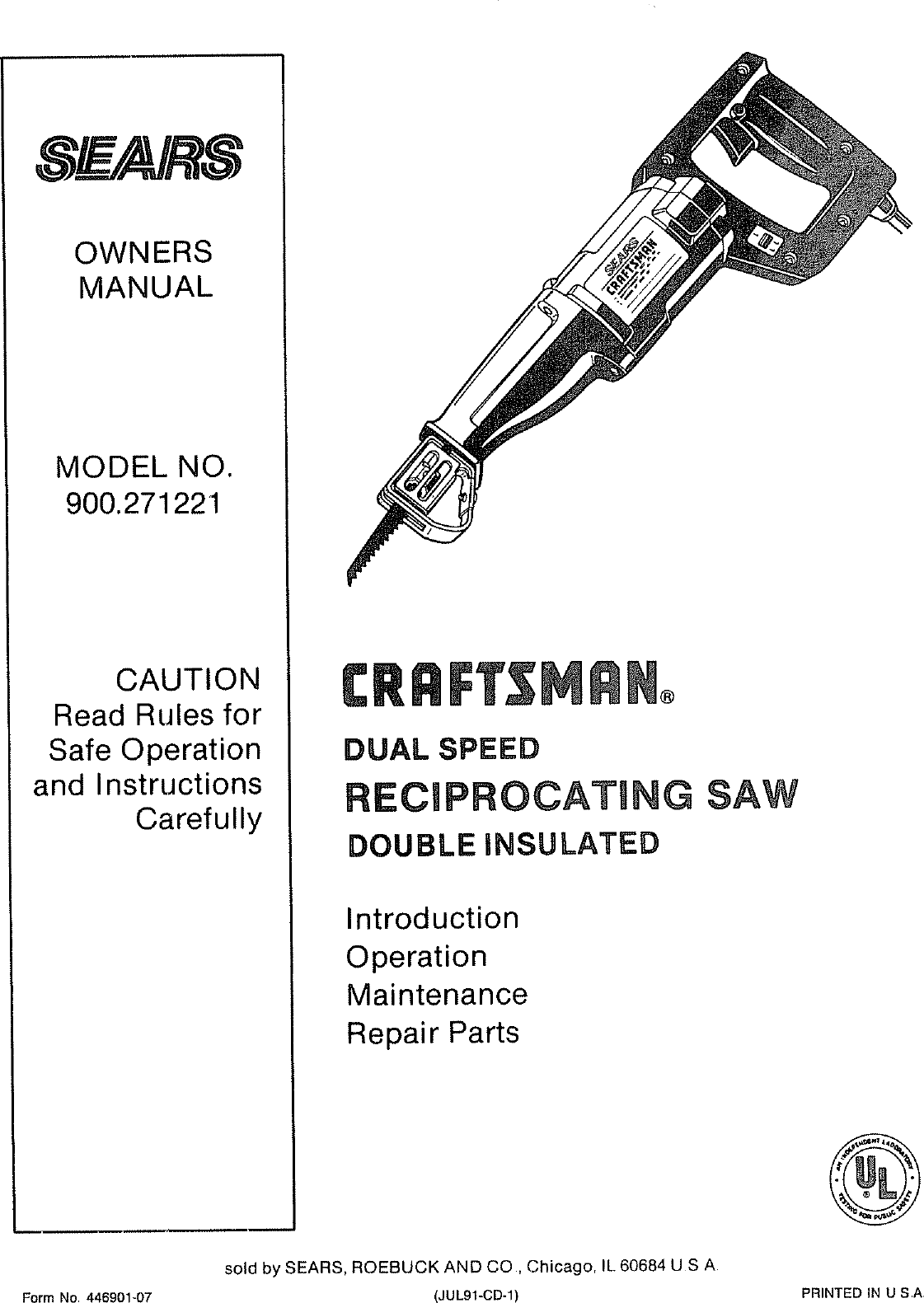 Craftsman 900271221 User Manual DUAL SPEED RECIPROCATING SAW Manuals