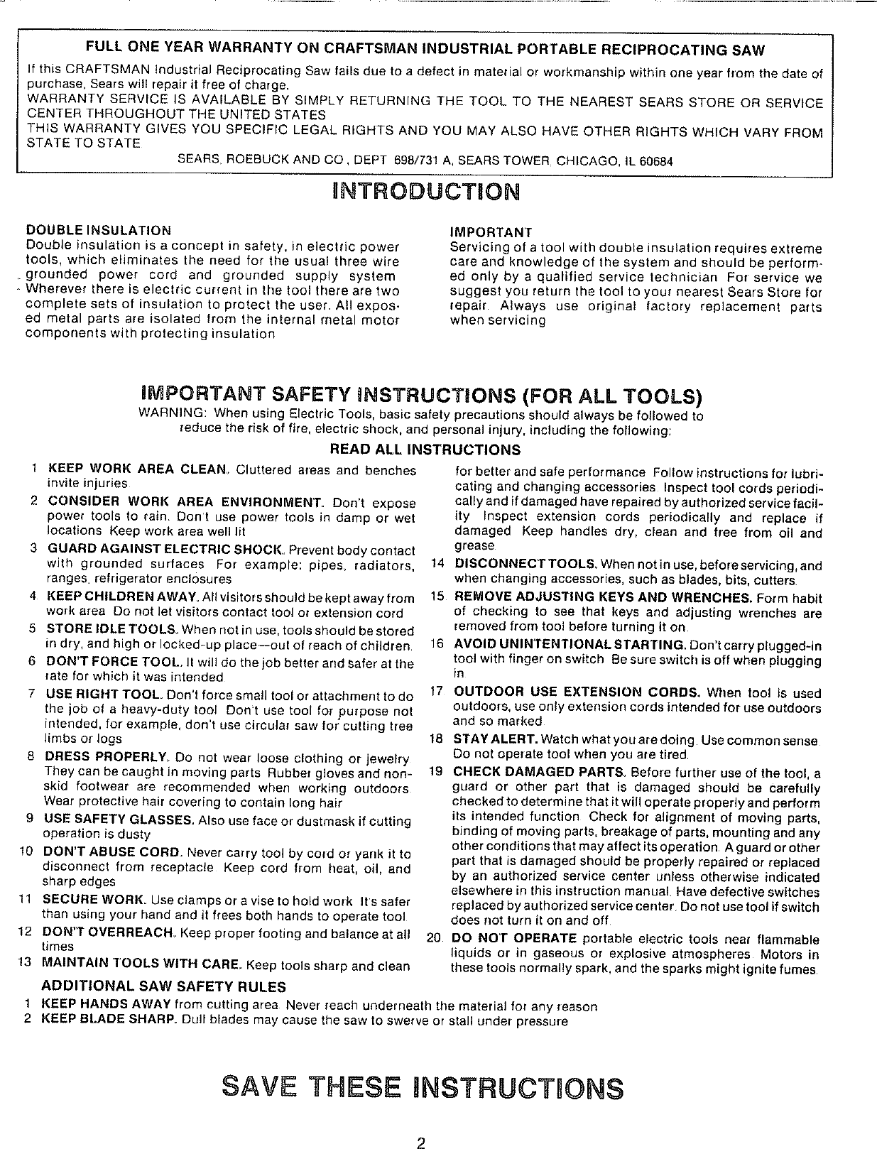 Page 2 of 8 - Craftsman 900271221 User Manual  DUAL SPEED RECIPROCATING SAW - Manuals And Guides L0806847