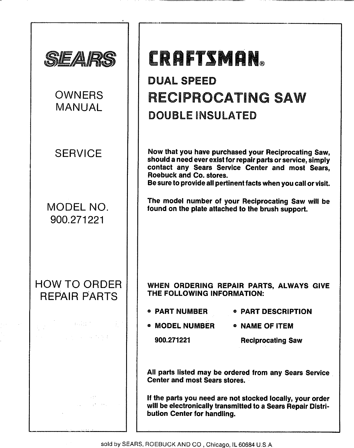 Craftsman 900271221 User Manual DUAL SPEED RECIPROCATING SAW Manuals