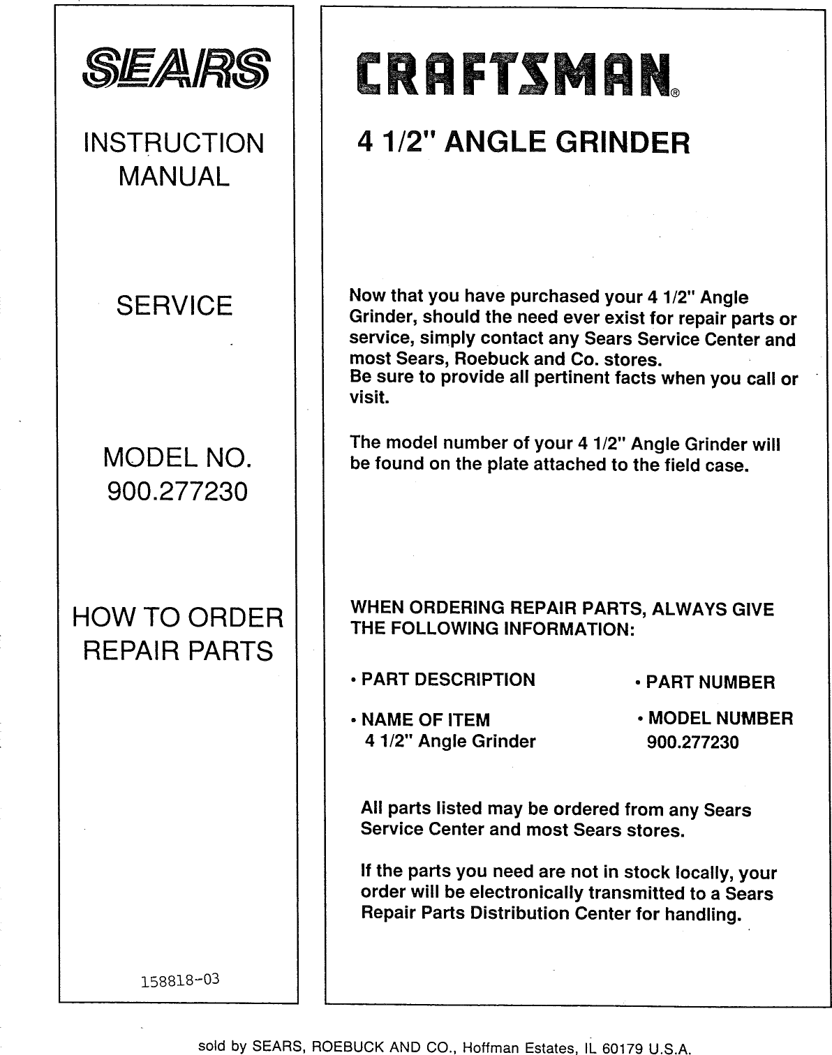 Page 8 of 8 - Craftsman 900277230 User Manual  ANGLE GRINDER - Manuals And Guides 1006464L