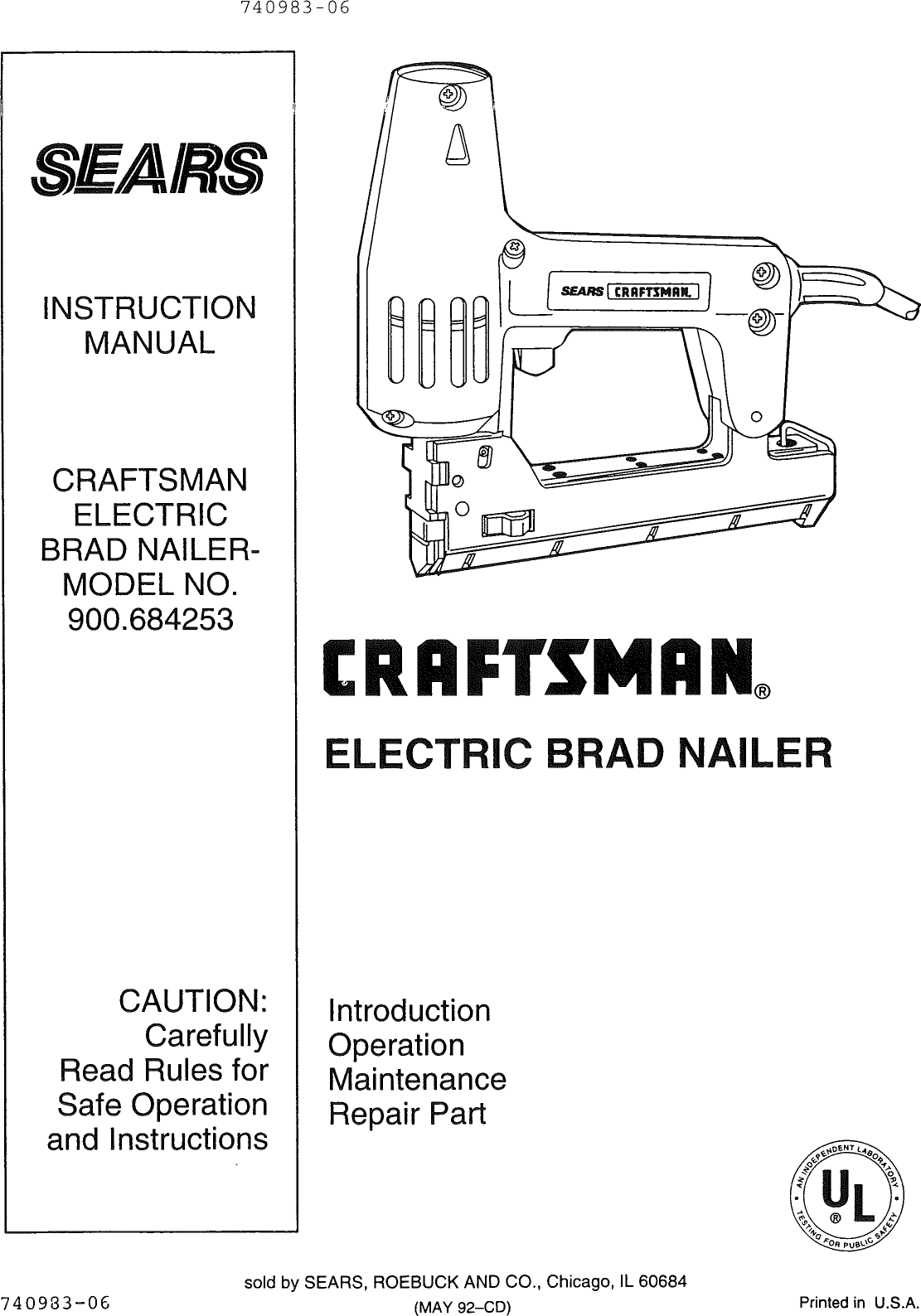 Page 1 of 6 - Craftsman 900684253 User Manual  ELECTRIC BRAD NAILER - Manuals And Guides 1007218L