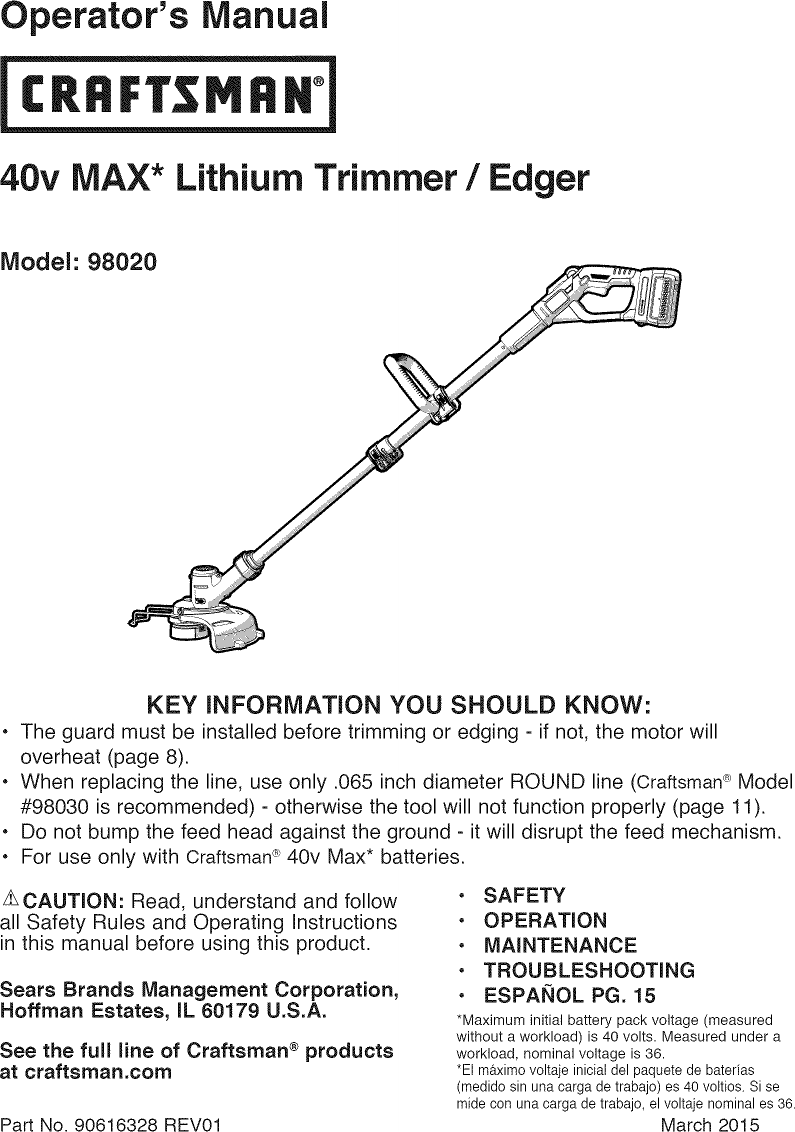 Craftsman 90098020 User Manual TRIMMER/EDGER Manuals And Guides 1506067L