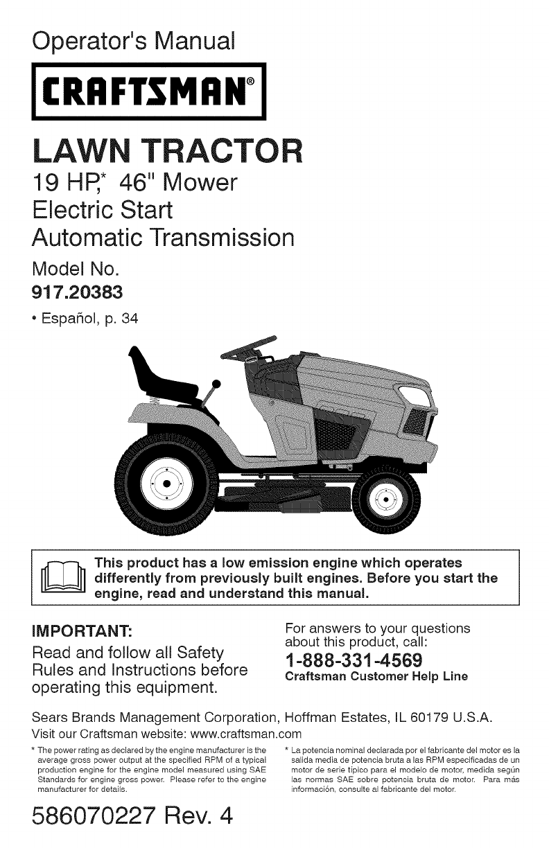 Craftsman 917203830 User Manual LAWN TRACTOR Manuals And Guides 1402677L