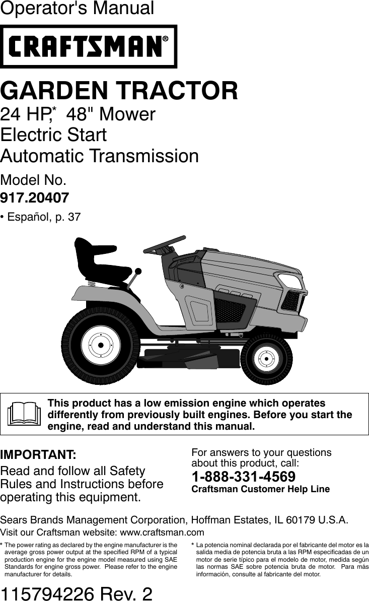 Craftsman 917204070 User Manual TRACTOR Manuals And Guides 1612028L