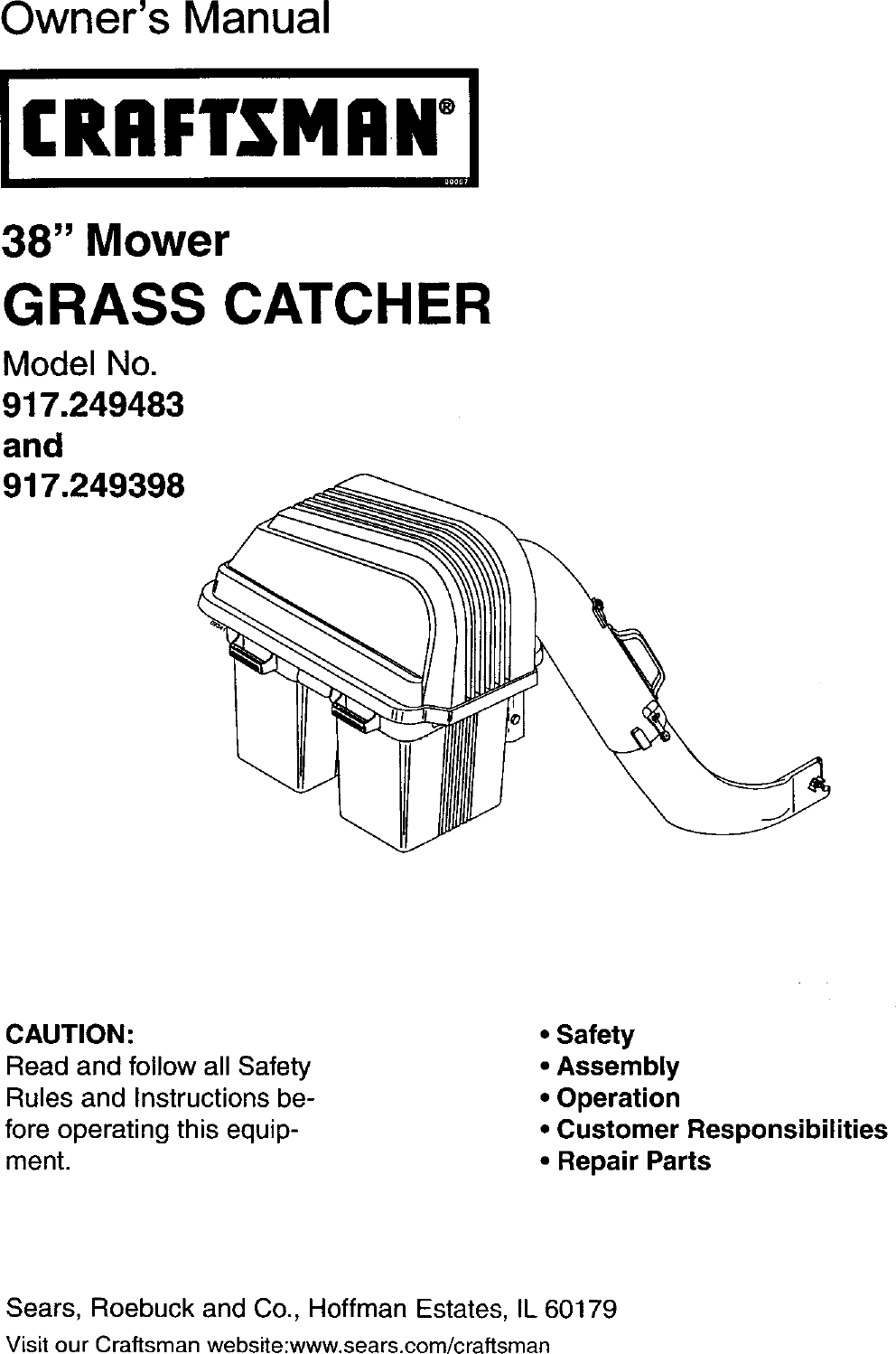 Craftsman 917249398 User Manual GRASS CATCHER Manuals And Guides L0305123
