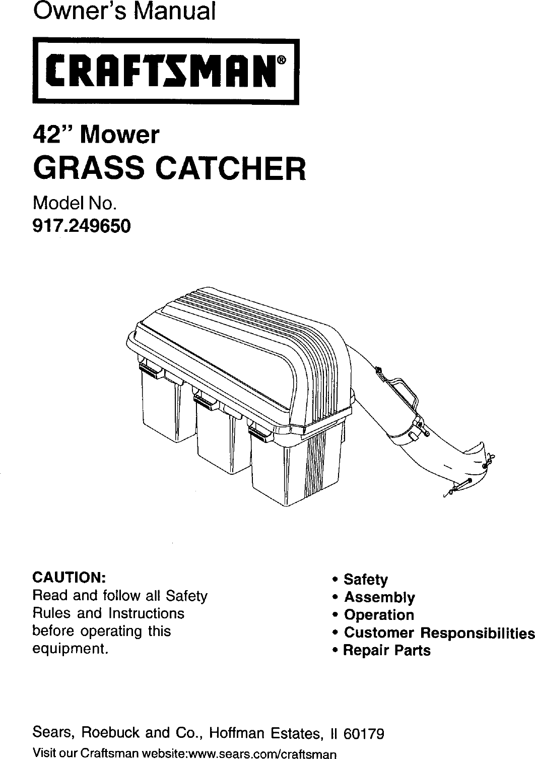 Craftsman 917249650 User Manual GRASS CATCHER Manuals And Guides L0070083