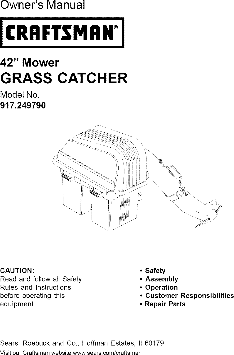 Craftsman 917249790 User Manual GRASS CATCHER Manuals And Guides L0807011