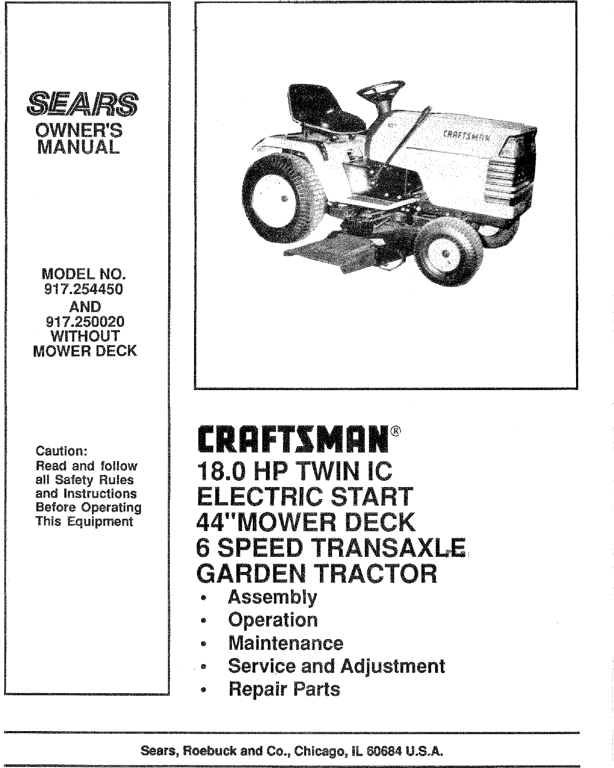 Craftsman 917250020 User Manual 18 HP GARDEN TRACTOR Manuals And Guides ...