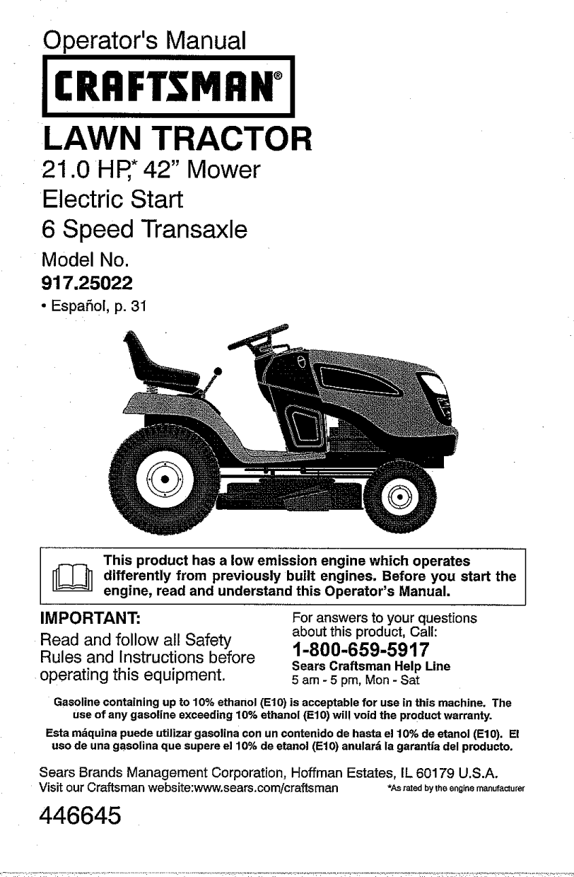 Craftsman 917250220 User Manual TRACTOR Manuals And Guides 1110172L