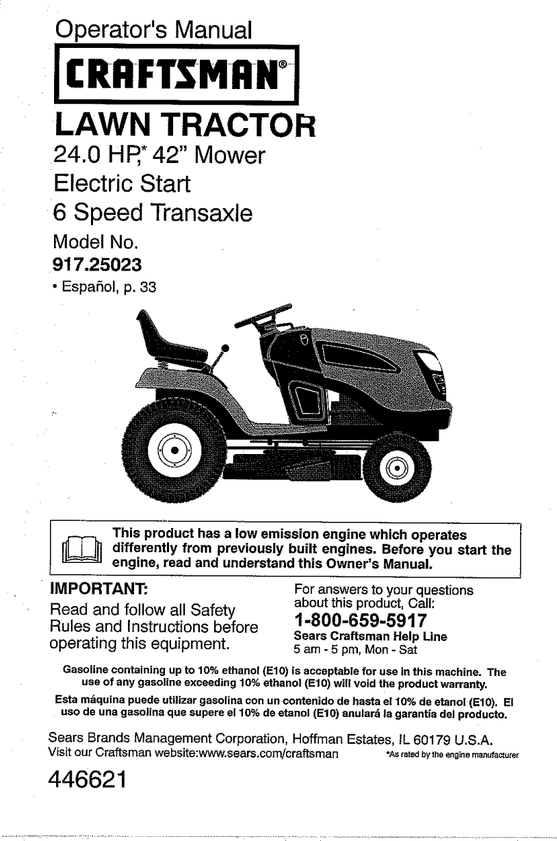 Craftsman 917250230 User Manual TRACTOR Manuals And Guides 1110173L