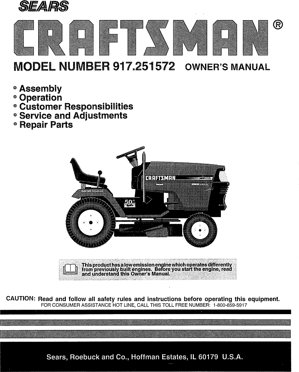 Craftsman 917251572 User Manual TRACTOR Manuals And Guides L0806173