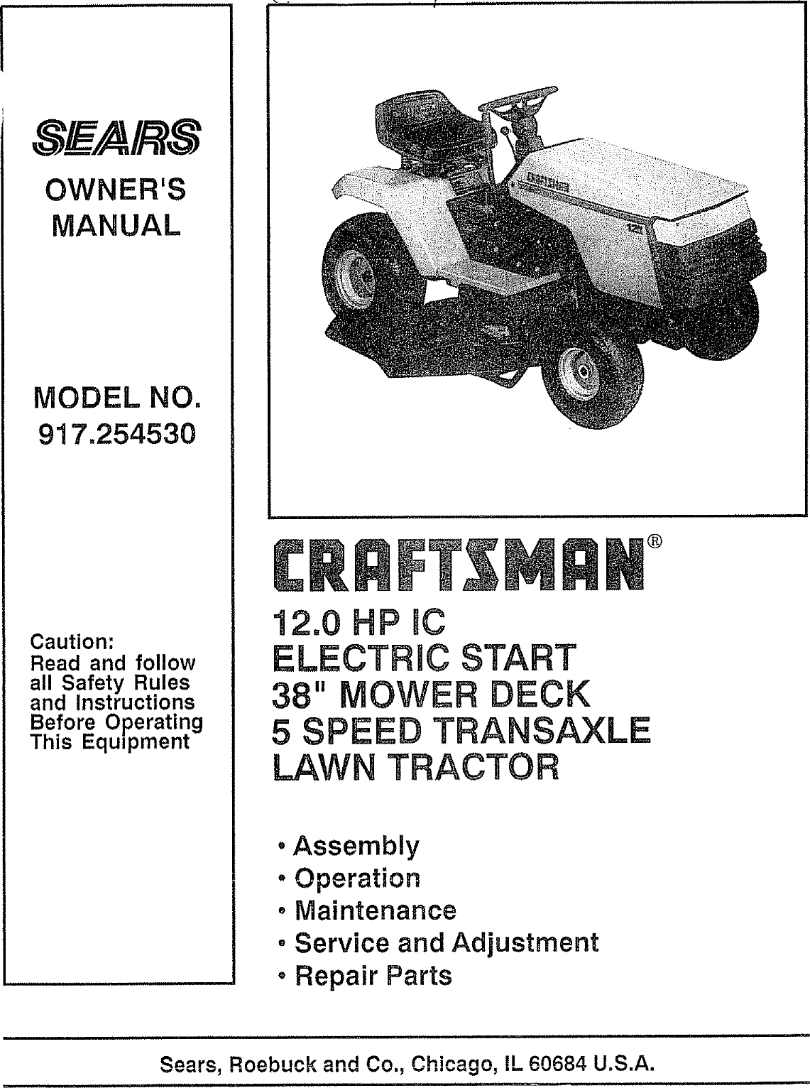 Craftsman 917254530 User Manual 12 HP 38 TRACTOR Manuals And Guides ...